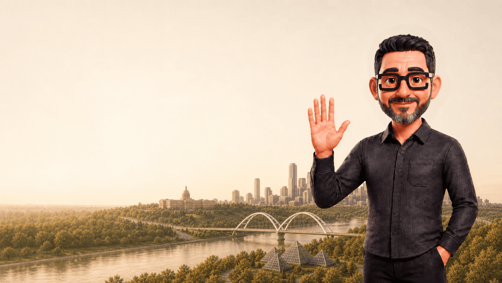 JC waving in front of the Edmonton river valley skyline